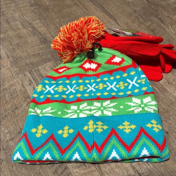 The Grinch 2 pc.Pom Pom Knit Cuffed beanie hat & gloves set,Christmas warm hat - Picture 7 of 9
